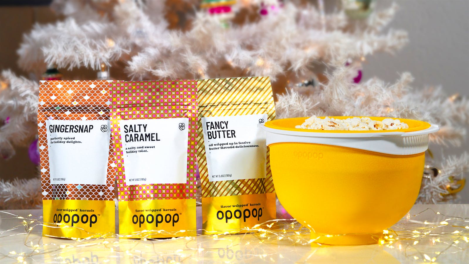 Opopop flavored popcorn holiday set with bright yellow microwave popper] 