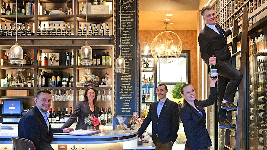 The wine team at Mastro's Steakhouse and Stella's Wine Bar in Houston's Post Oak Hotel. Left to right: Sommeliers Jay On, Julie Dalton, Jeffery Young and Elena Prevatt, and wine director Keith Goldston.