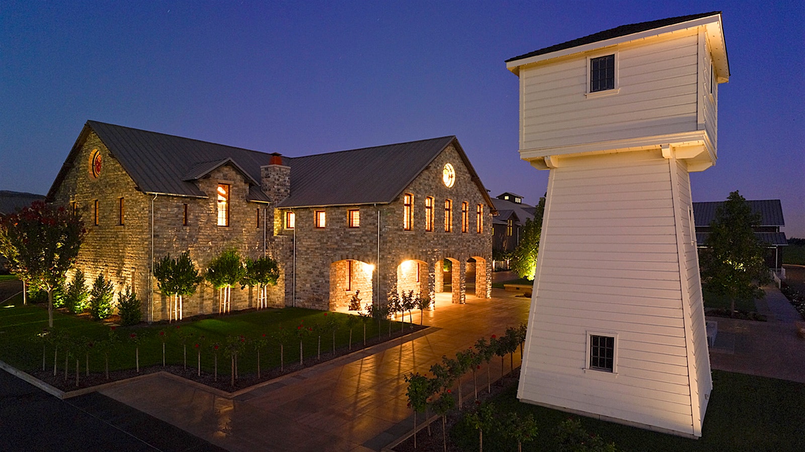     Exterior of the Silver Oak cellar and its adjacent iconic white water tower
