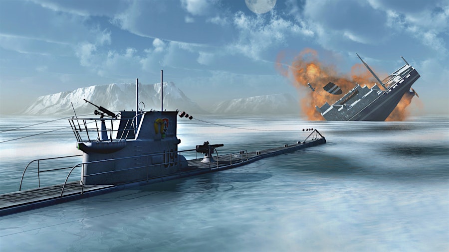 In this artist's rendering, a German U-boat sends thousands of bottles of wine to the bottom of the Atlantic.