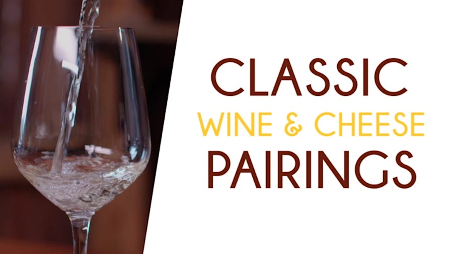 Sauvignon Blanc being poured into a wineglass, with the words "Classic Wine & Cheese Pairings"