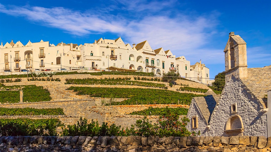 Old cream-colored buildings in the town of Locorotondo in Puglia, Italy, overlooking terraced vineyards and an old stone building