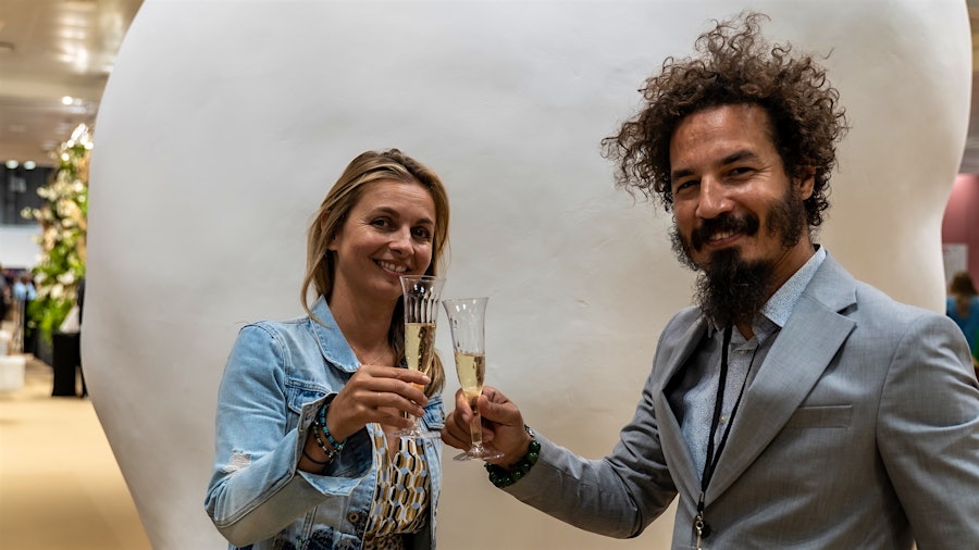 Pommery America president Mailys Vranken toasts Pommery Prize winner Reynier Leyva Novo at the 2022 Armory Show.