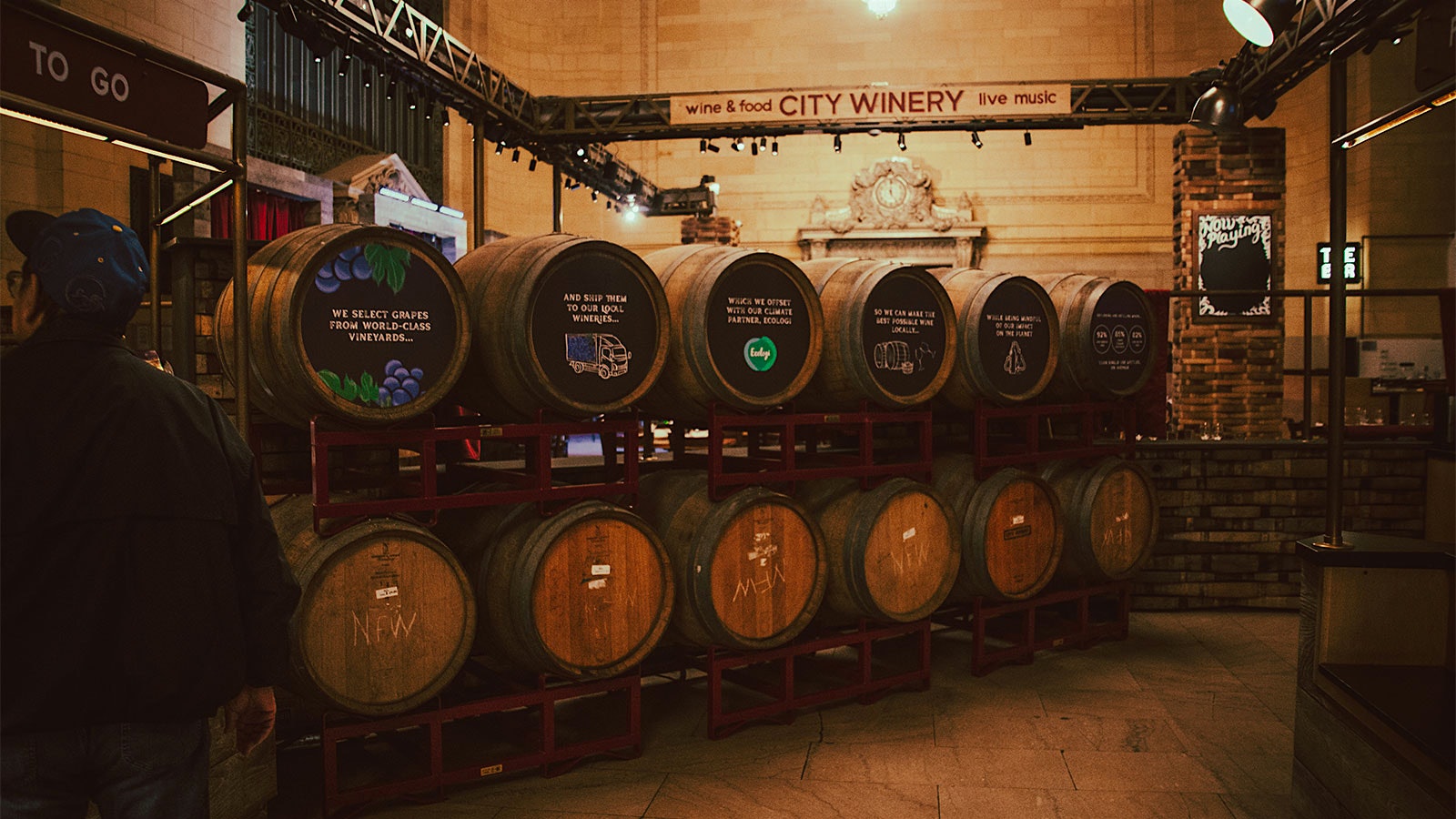  Stacks of wine barrels in the winemaking area of City Winery Grand Central