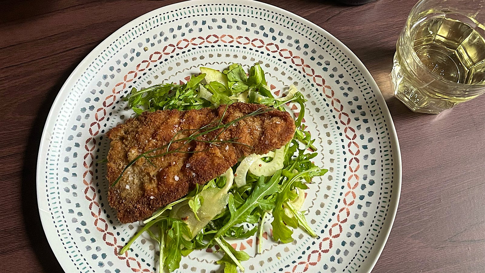 8 & $20: Crispy Veal with Fennel-Apple-Arugula Salad and a German White Wine