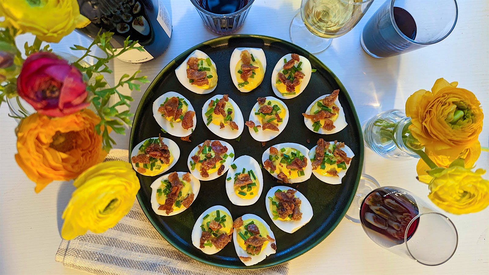 Horseradish Deviled Eggs with Chives and Gribenes from Zach Engel of Galit