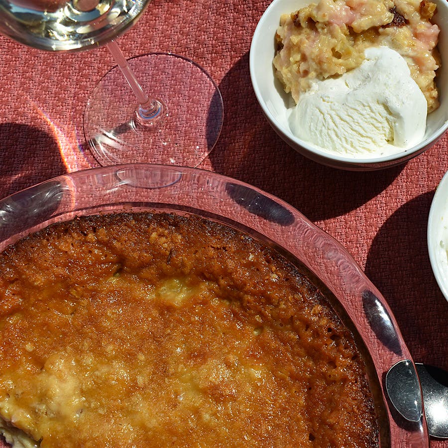 Fresh rhubarb is sealed in a caramel-like “crust” that comes together quickly on the stove.