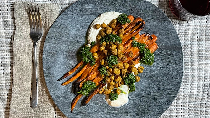 8 & $20: Curry-Roasted Carrots and Chickpeas with Spicy Yogurt and a Fresh Chilean Red