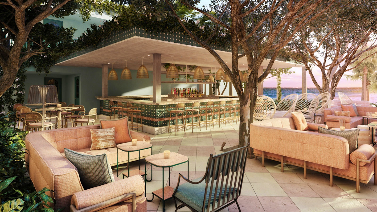  The planned waterfront deck of Casadonna, with a bar and couch seating overlooking Biscayne Bay