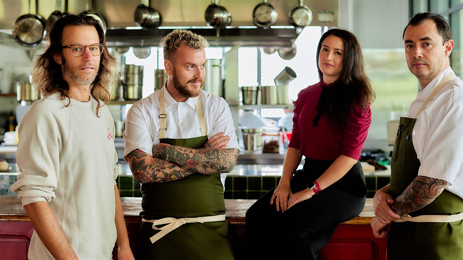  Portrait of The Second Story culinary and wine team in the kitchen; from left, Matt Seigel, executive chef Stu Stalker, wine director Alexandria Sarovich and Baruch Ellsworth