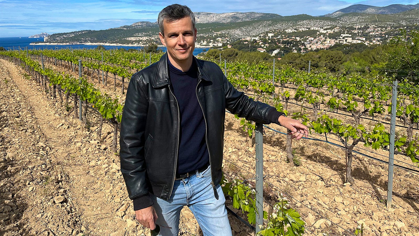 Winemaker Jonathan Sack in Clos Ste.-Magdeleine's Vermentino vineyard overlooking the Cassis coastline