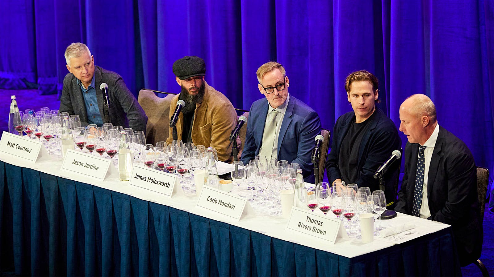  Thomas Rivers Brown speaking at a table with, from left, Matt Courtney, Jason Jardine, James Molesworth and Carlo Mondavi