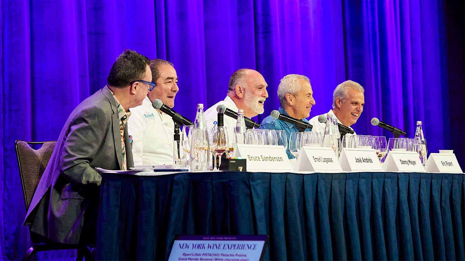  The Chefs Challenge participants: Bruce Sanderson, Emeril Lagasse, José Andrés, Danny Meyer and Eric Ripert at the 2023 New York Wine Experience seminars