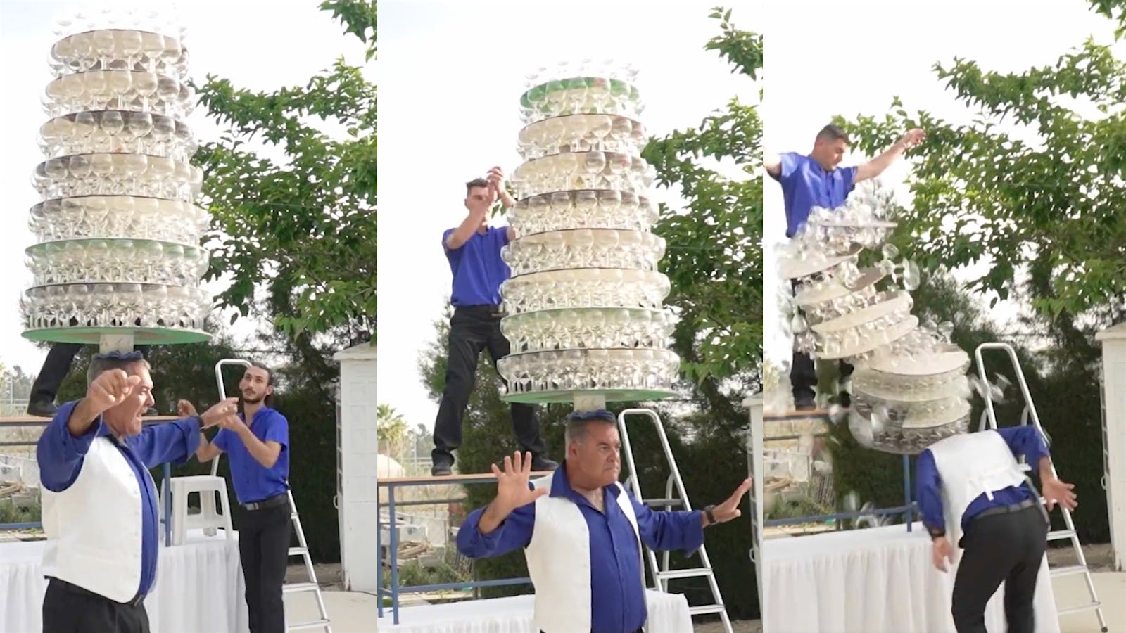 Guinness World Record holder Aristotelis Valaoritis balances 319 wineglasses on his head.