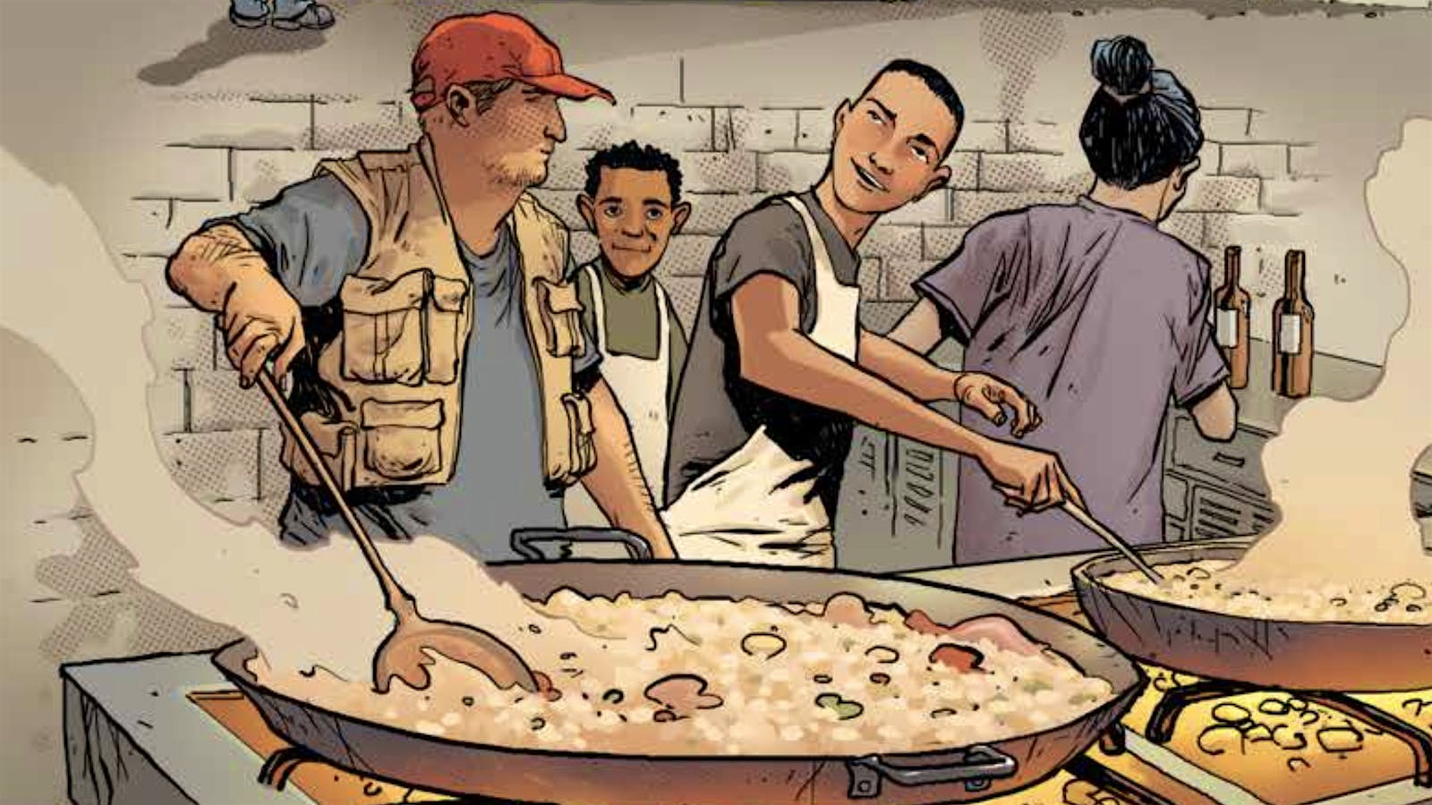 Illustration of José Andrés cooking with others out of a paella pan, as depicted in Feeding Dangerously, a new graphic novel by José Andrés and Steve Orlando and illustrated by Alberto Ponticelli.