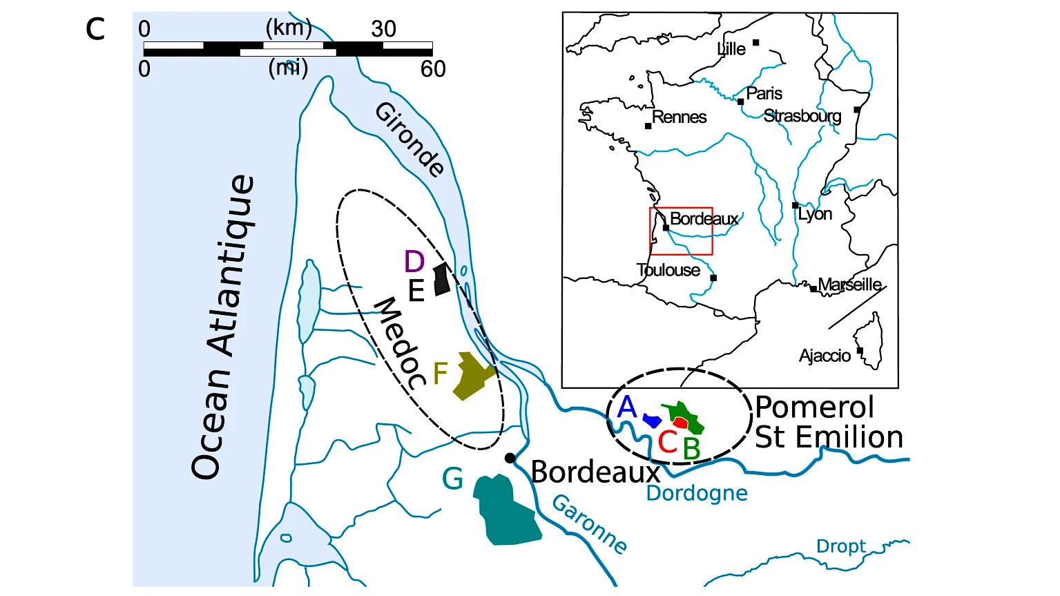  Map showing tested wines in Bordeaux.
