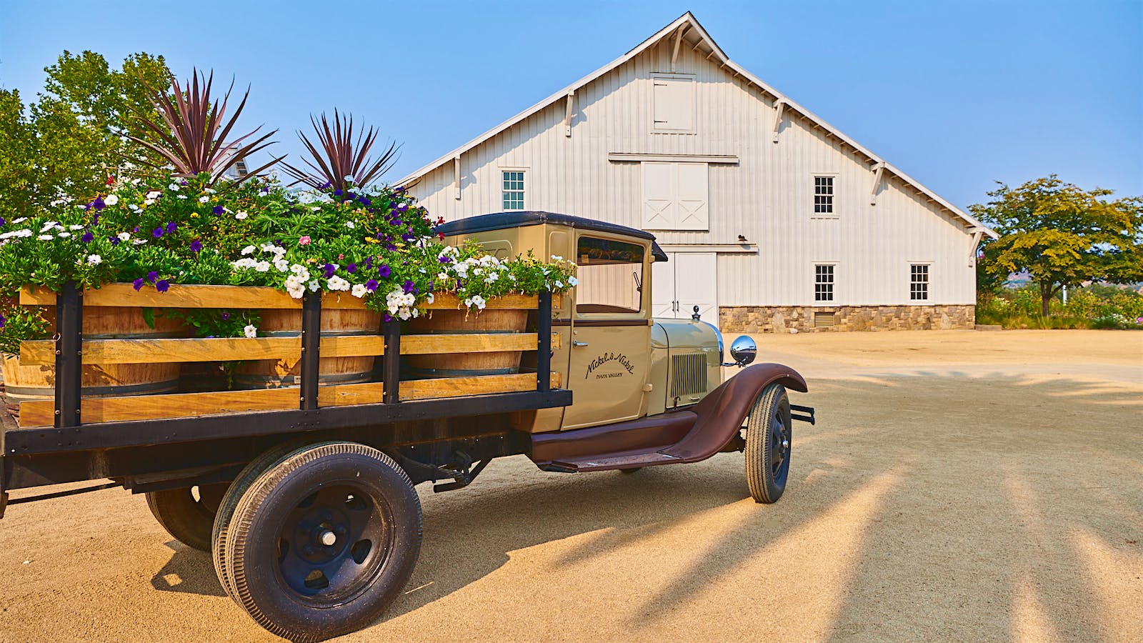 A vintage truck arrives at Nickel & Nickel winery in Napa.