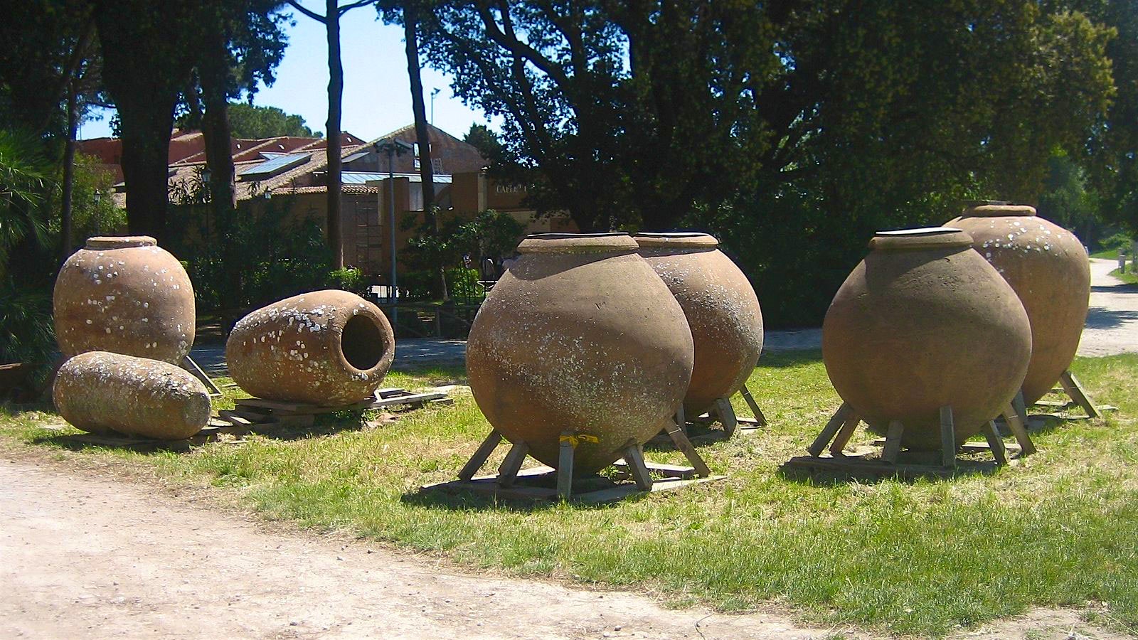  Large clay  vessels, called dolia, found in the ancient Roman city of Ostia Antica.