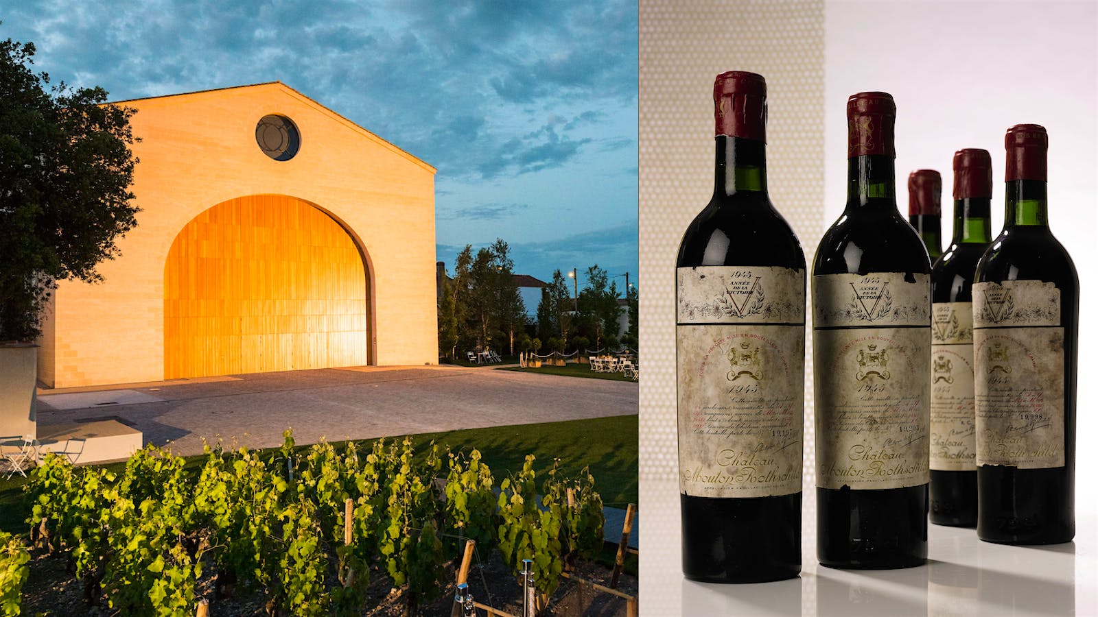 Château Mouton-Rothschild winery in Bordeaux reflects the sunset