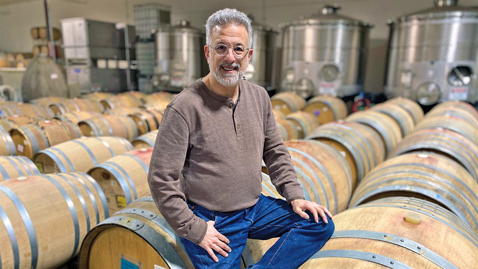 Jeff Cohn of Jeff Cohn Cellars, Sonoma, in a barrel room