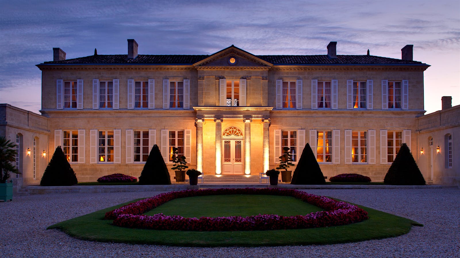 Château Branaire-Ducru winery at night in Bordeaux's St.-Julien region.