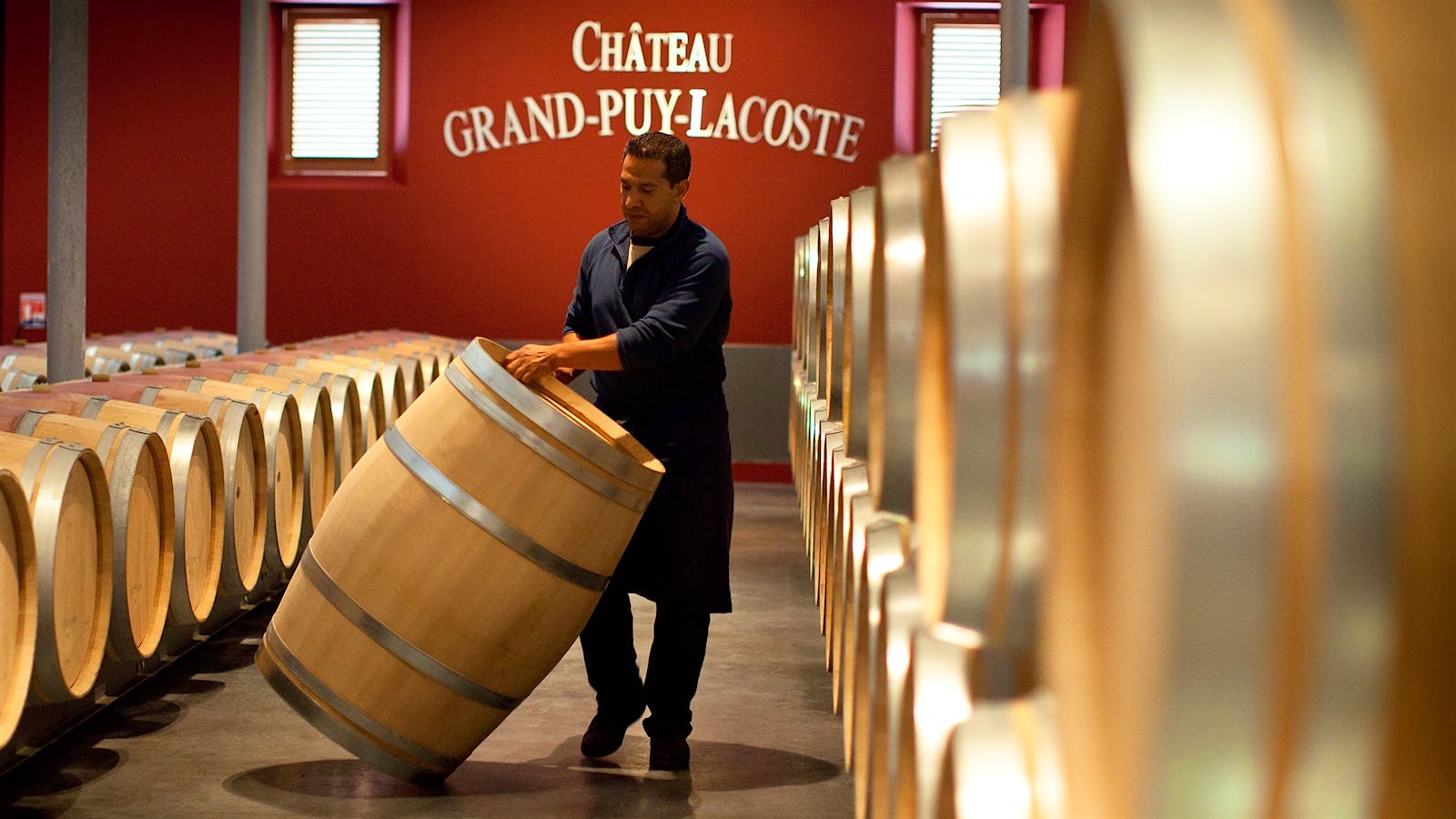 Bordeaux barrels at Chateau Grand-Puy-Lacoste in Pauillac