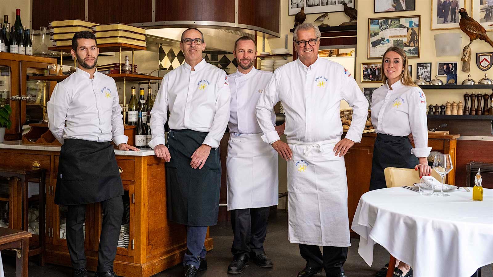 Portrait of Le Bistro de l’Hôtel team members: From left, sommeliers Colin Laurencery and Frédéric Gille, Gaylord Guerin, chef-owner Johan Björklund and Léana Lievre