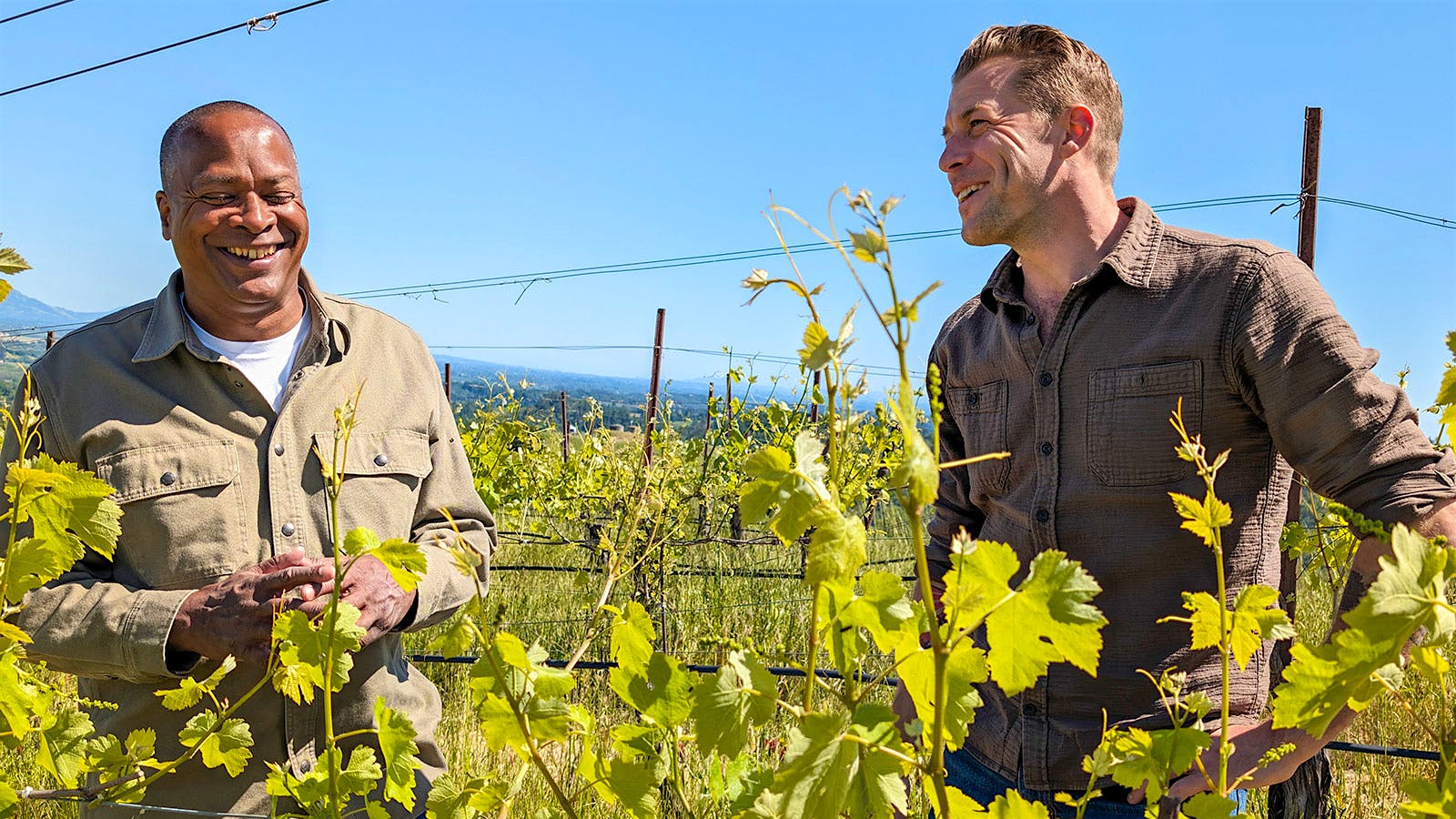 David Drummond and Sam Bilbro amid the grapevines in Las Cimas Vineyard