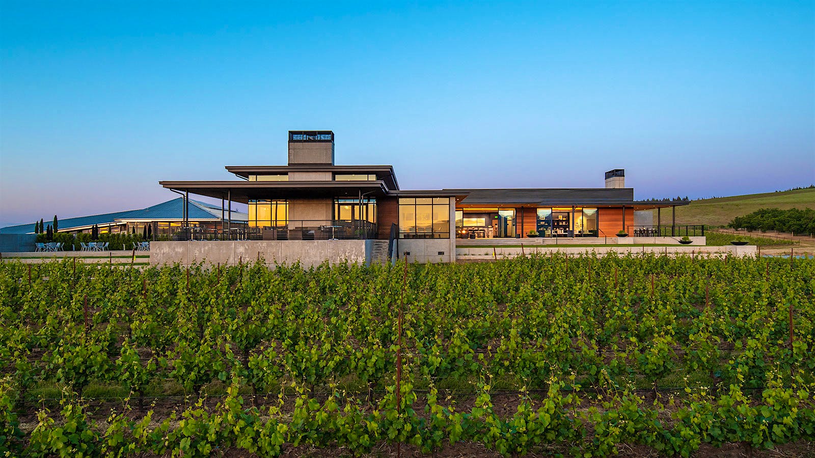 Ponzi's modern-architecture facilities and its vineyards in Dundee Hills, Willamette Valley