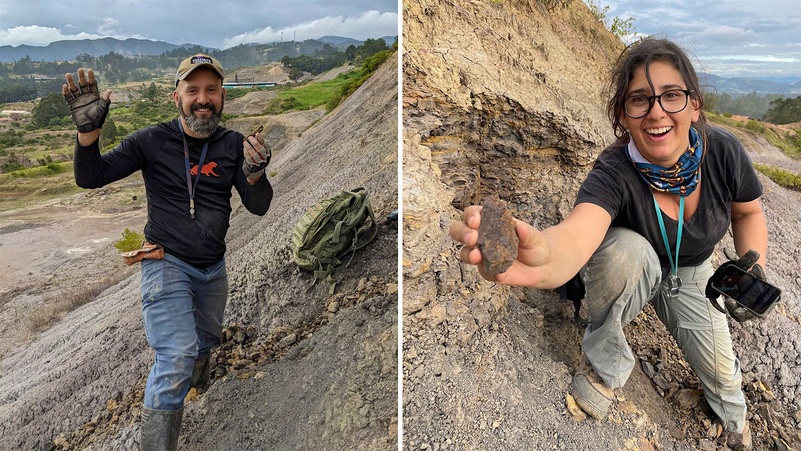 Fabiany Herrera and Mónica Carvalho hold up a rock containing a grapeseed fossil.