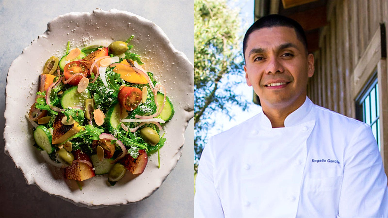 Grilled stone fruit salad with mezcal vinaigrette next to a portrait of chef Rogelio Garcia