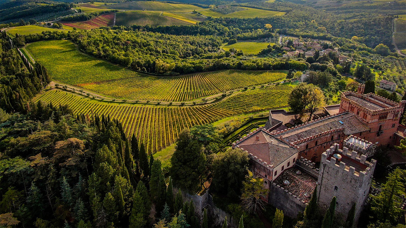 Barone Ricasoli's Castello di Brolio and surrounding vineyards and countryside in Chianti Classico, Italy