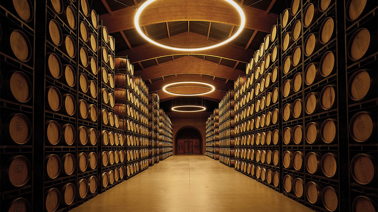 Oak barrels in the Baron de Ley barrel aging cellar in Rioja, Spain