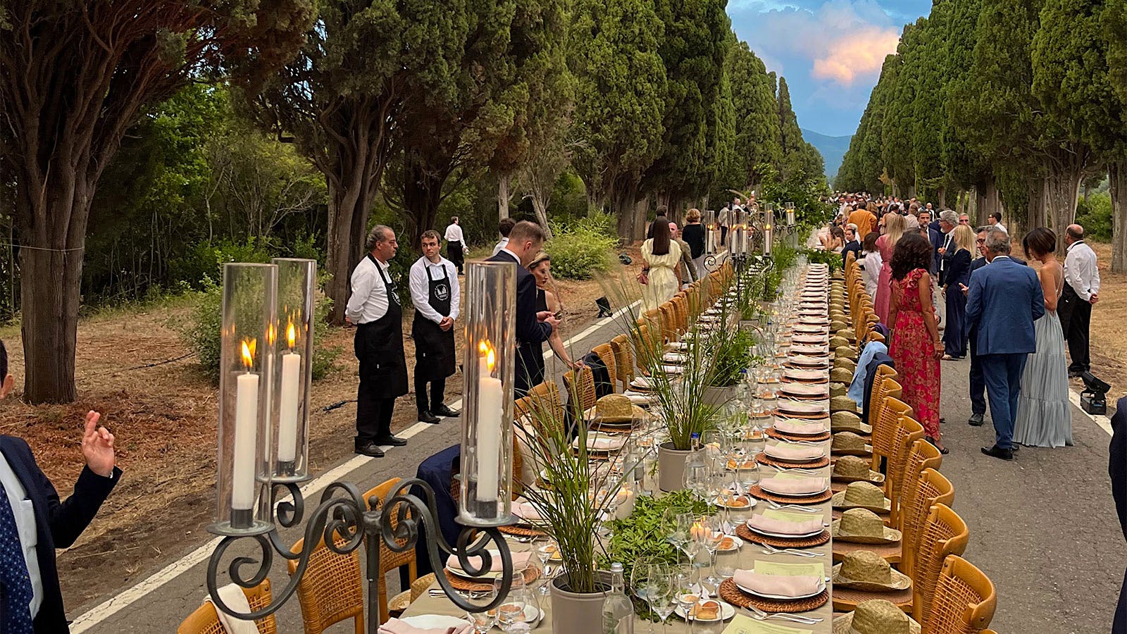 A long table set for dinner for 1,200, stretching down a cypress tree-lined road in Bolgheri