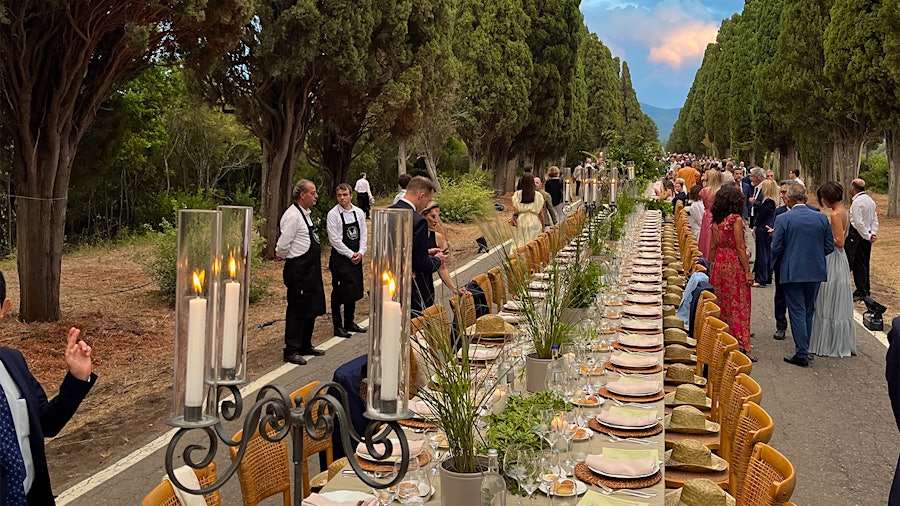 Elegant and audacious: The Bolgheri appellation's tentless outdoor dinner along the 19th-century Viale dei Cipressi, lined with more than 2,500 cypresses