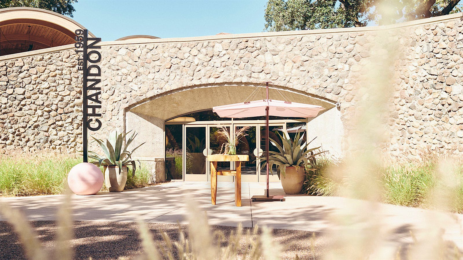 The stone entrance to Domaine Chandon winery in Napa Valley