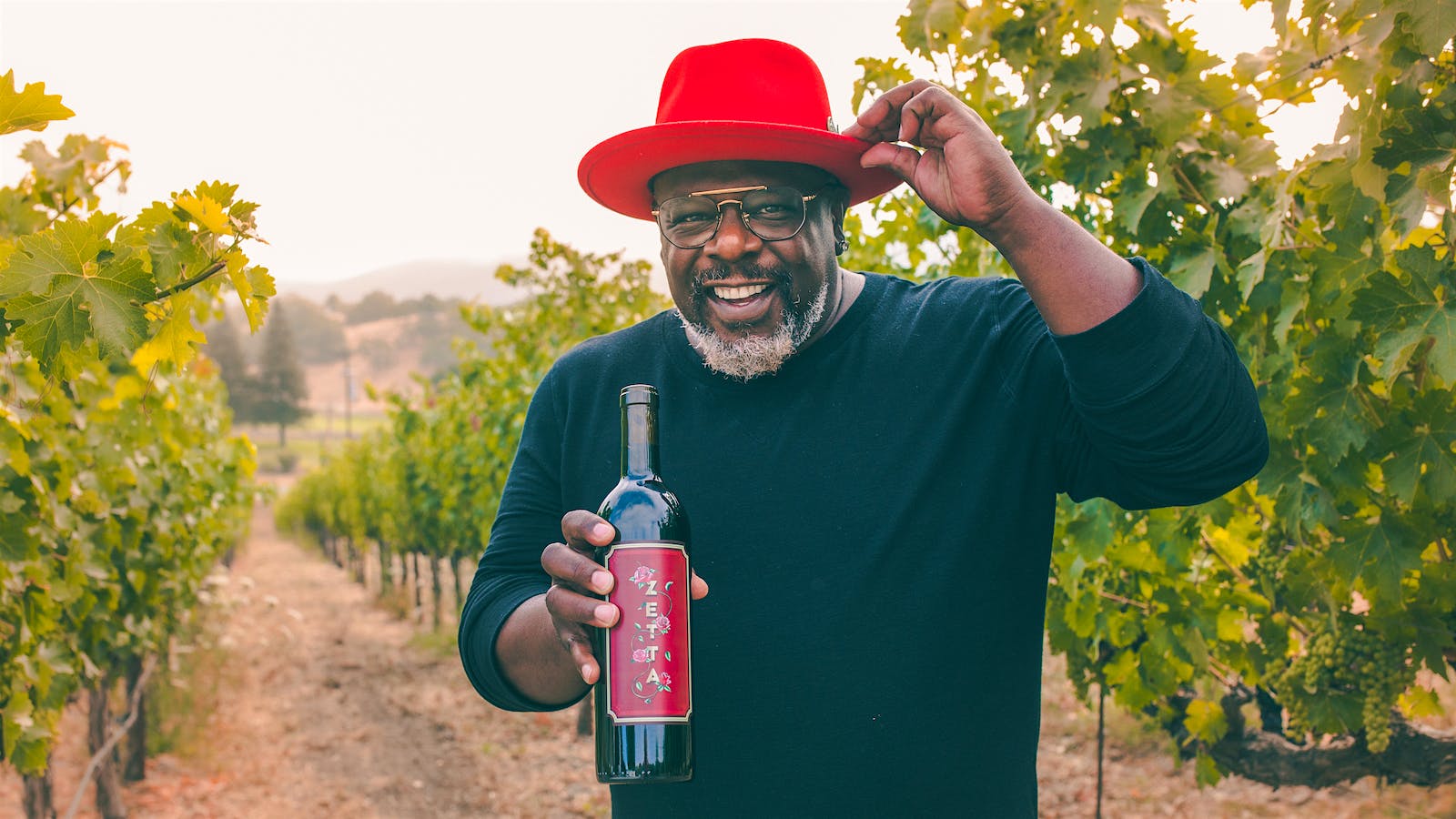 Cedric the Entertainer in a Napa vineyard with his Setta red wine