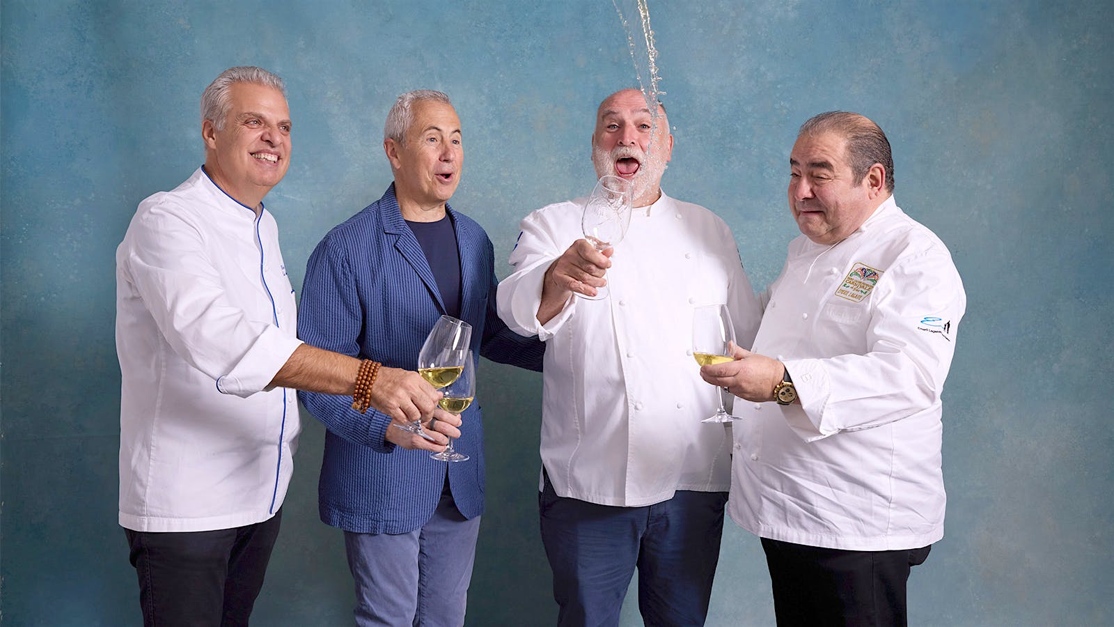 From left to right: Chef Eric Ripert of Le Bernardin, Danny Meyer of Union Square Hospitality Group, José Andrés of José Andrés Group (tossing a glass of wine in the air) and Emeril Lagasse of Emeril's