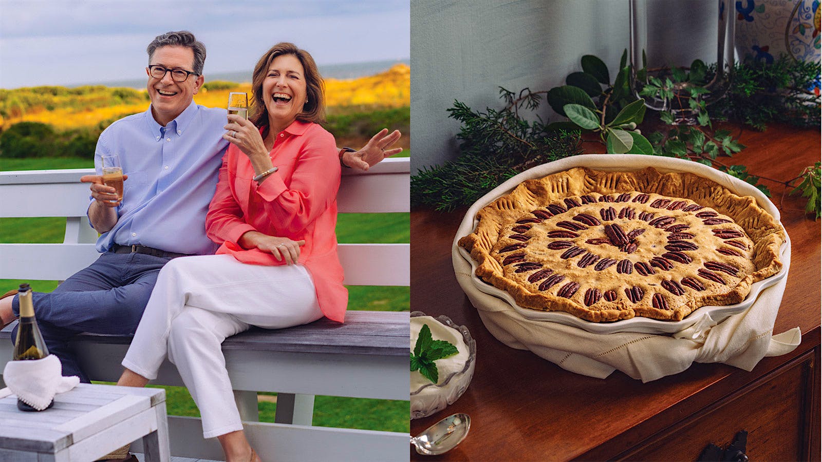 Stephen Colbert and Evie McGee Colbert on a porch drinking Champagne next to an image of a bourbon chocolate pecan pie