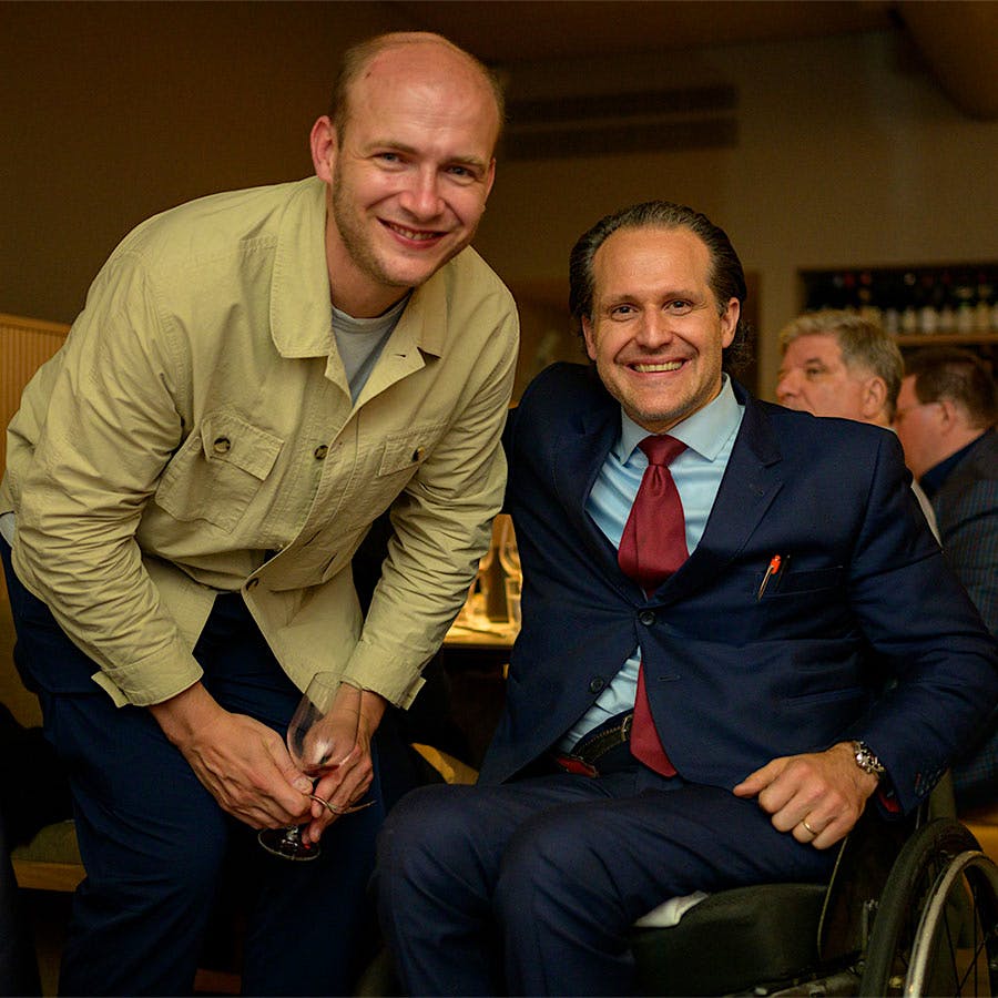 Château du Moulin-à-Vent’s Edouard Parinet (at left) organized the auction to support Wine on Wheels, a nonprofit led by sommelier and disability advocate Yannick Benjamin.