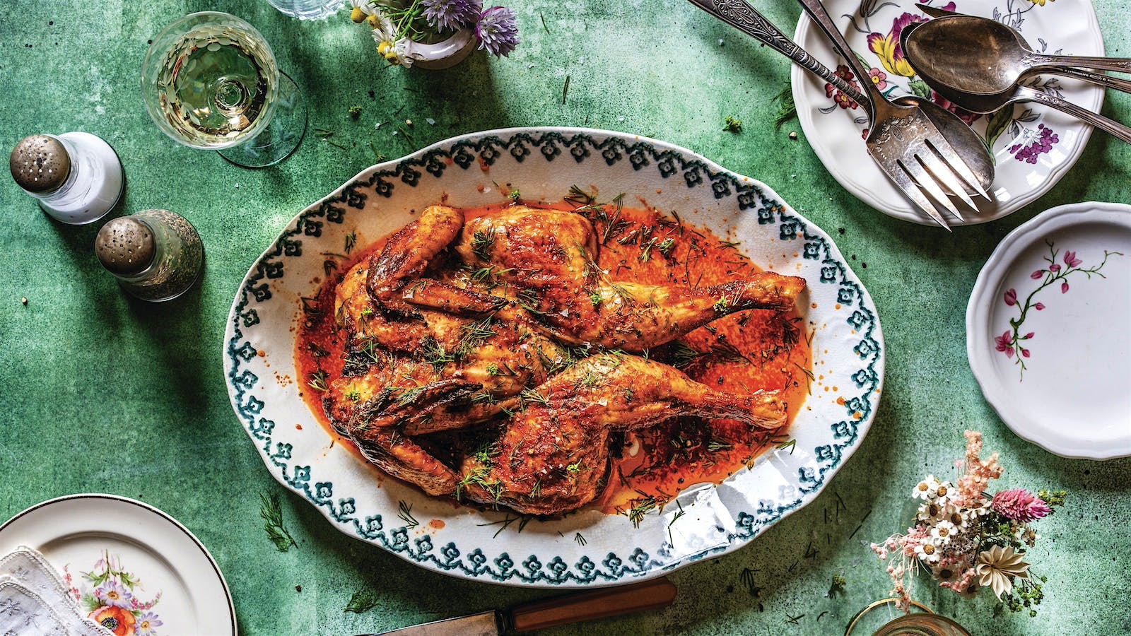 Roast chicken with paprikash dressing and dill garnish on a platter with glasses of white wine surrounding it.