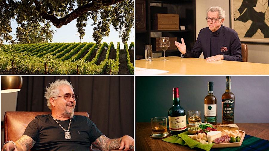 Clockwise from top left: Williams Selyem’s Sonoma Pinot Noir vineyards, Christian Moueix, a St. Patrick’s Day Irish cheese and whiskey pairing plate and Guy Fieri