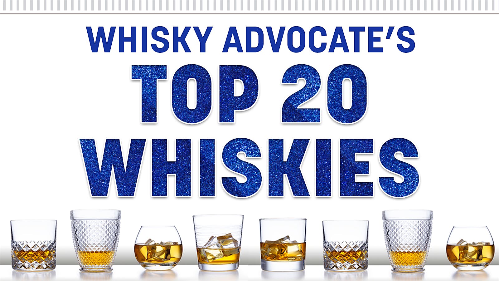 Graphic for Whisky Advocate's Top 20 Whiskies of 2024 with a row of whisky glasses below the text