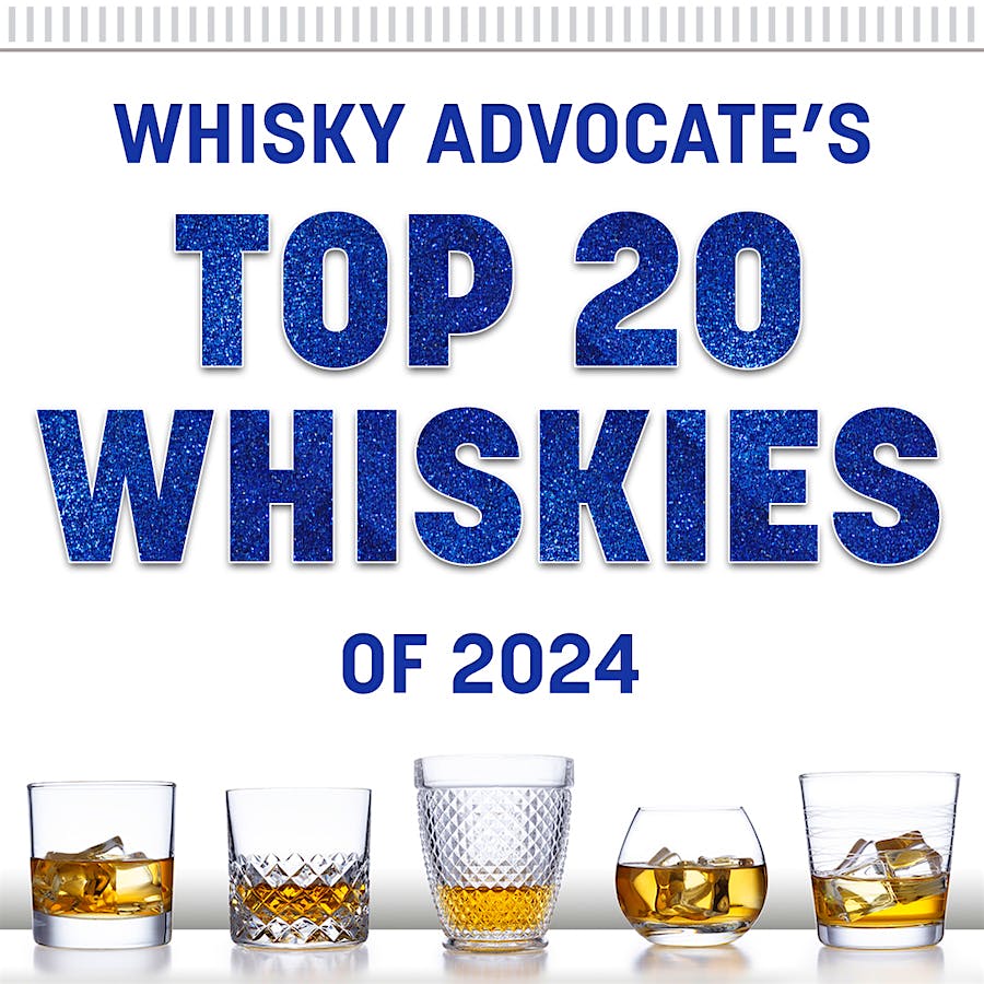 Graphic for Whisky Advocate's Top 20 Whiskies of 2024 with a row of whisky glasses below the text