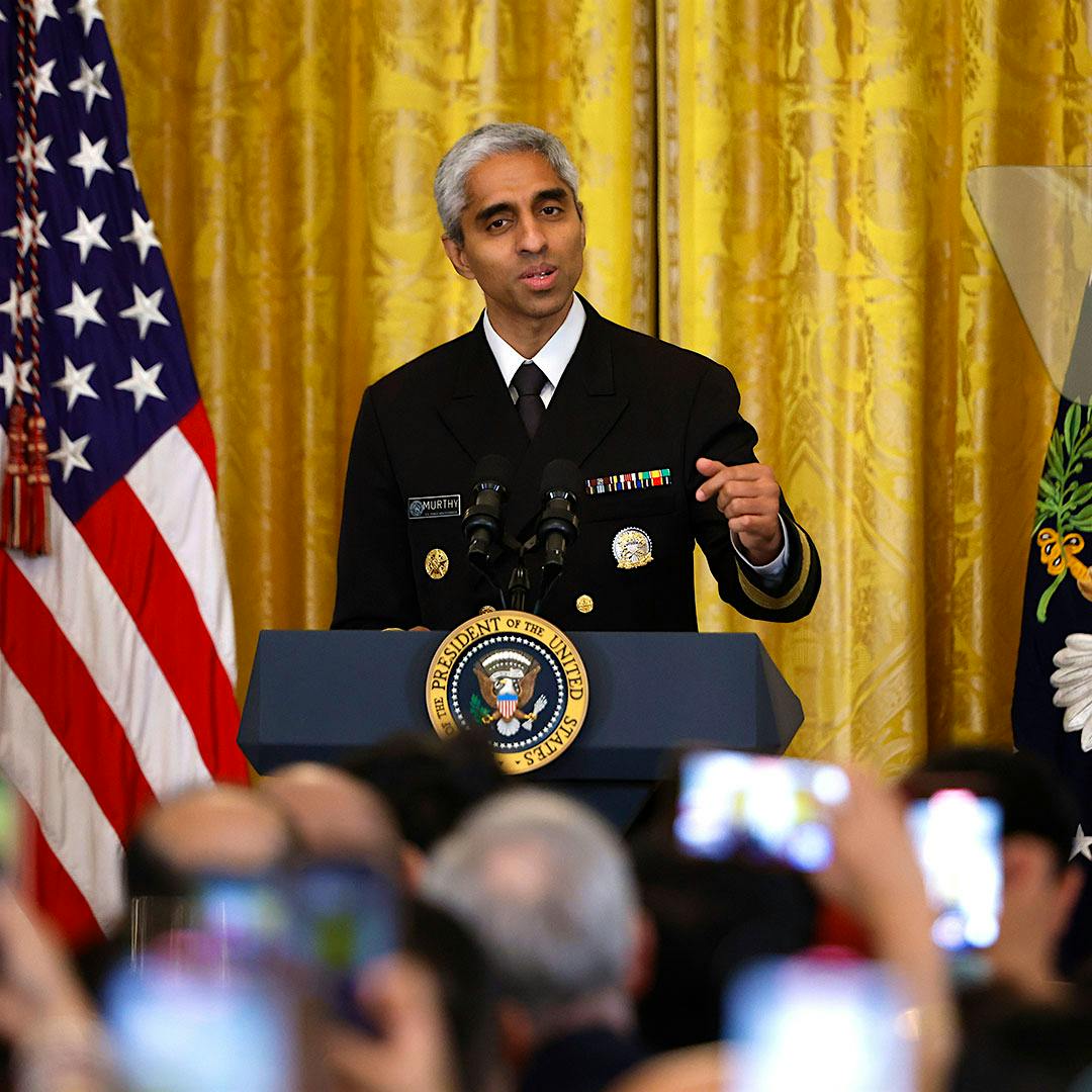 U.S. Surgeon General Vivek Murthy addresses members of the media.