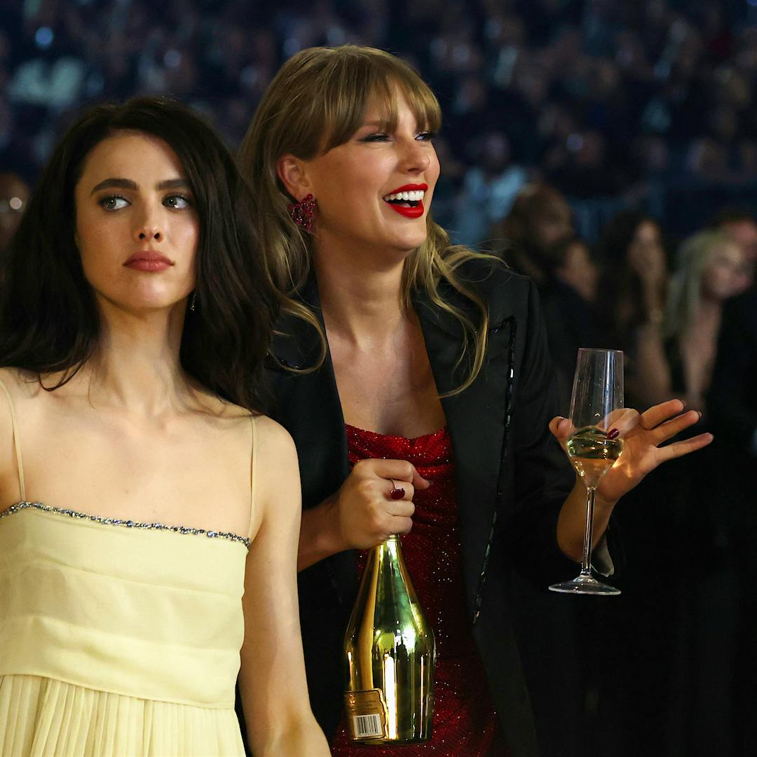 Taylor Swift double fists the Ace of Spades at the 2025 Grammy Awards while actress Margaret Qualley side-eyes the haters.