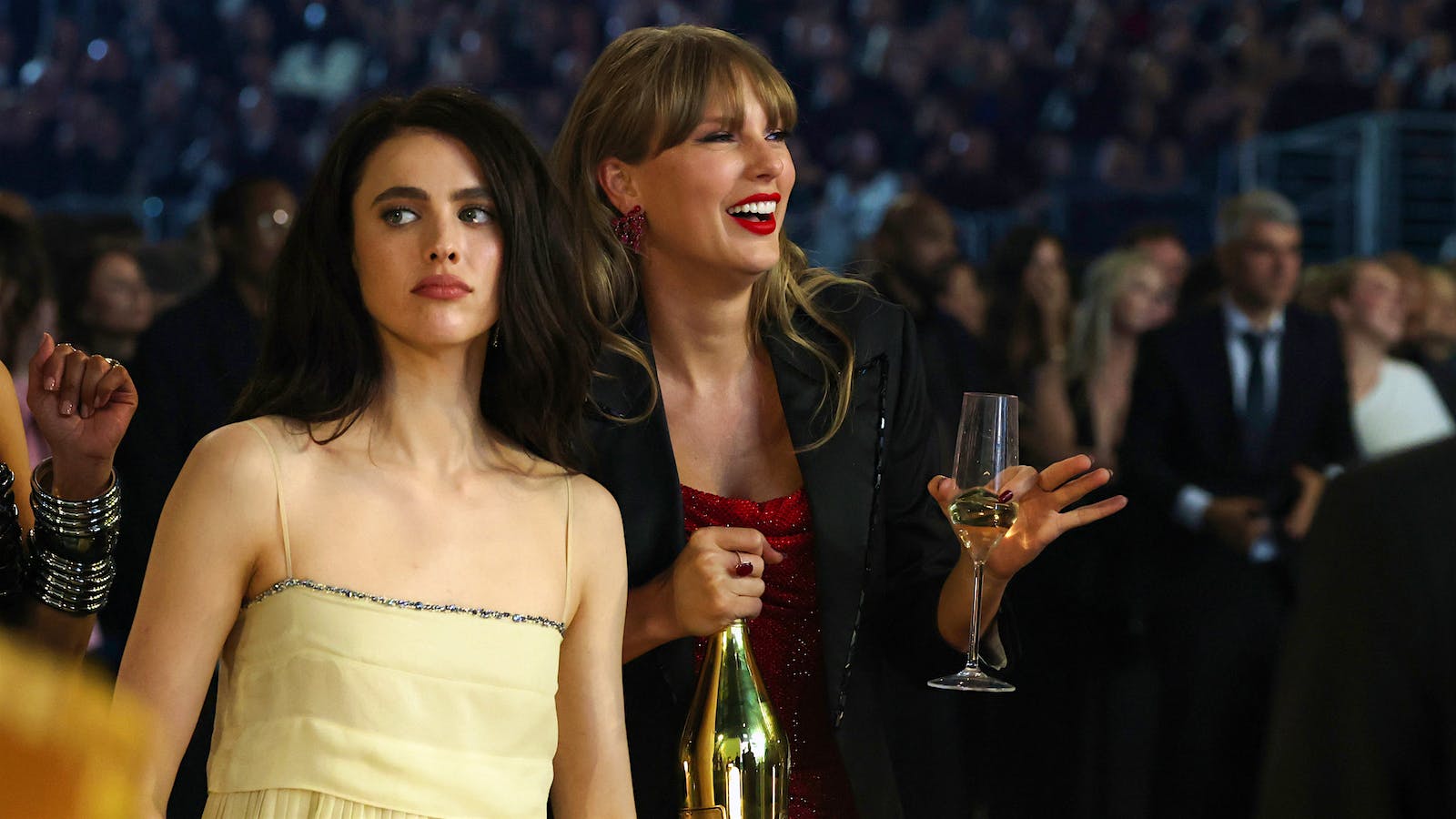 Margaret Qualley (left) and Taylor Swift with Armand de Brignac Champagne at the 2025 Grammy Awards