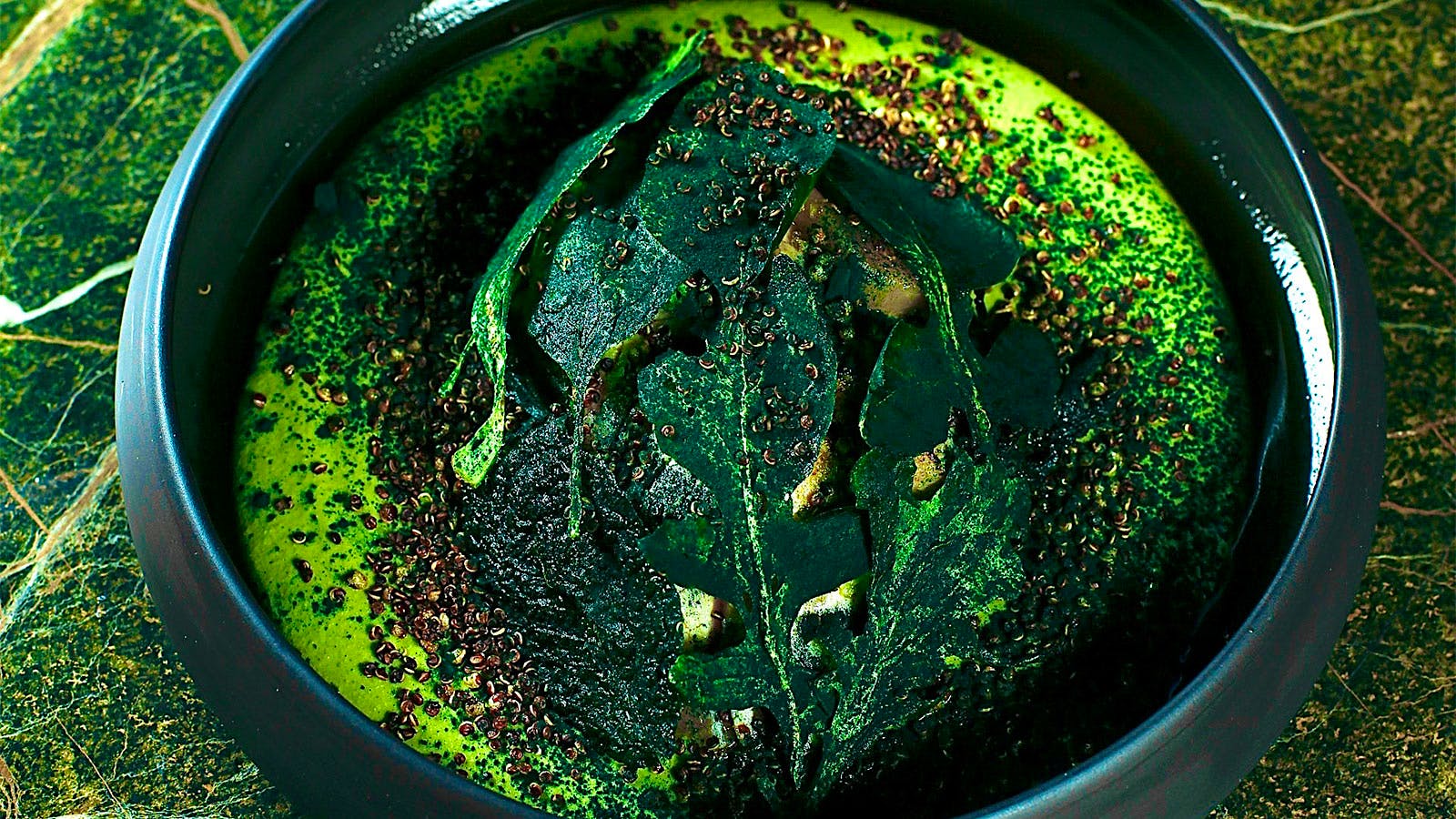 A dish of fish, green leaves and a green mole from Restaurante Tintoque