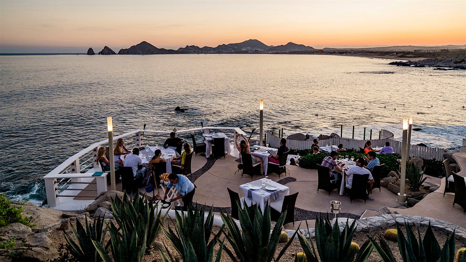  The tiered patios looking out to the Pacific Ocean at Sunset Monalisa in Cabo San Lucas.