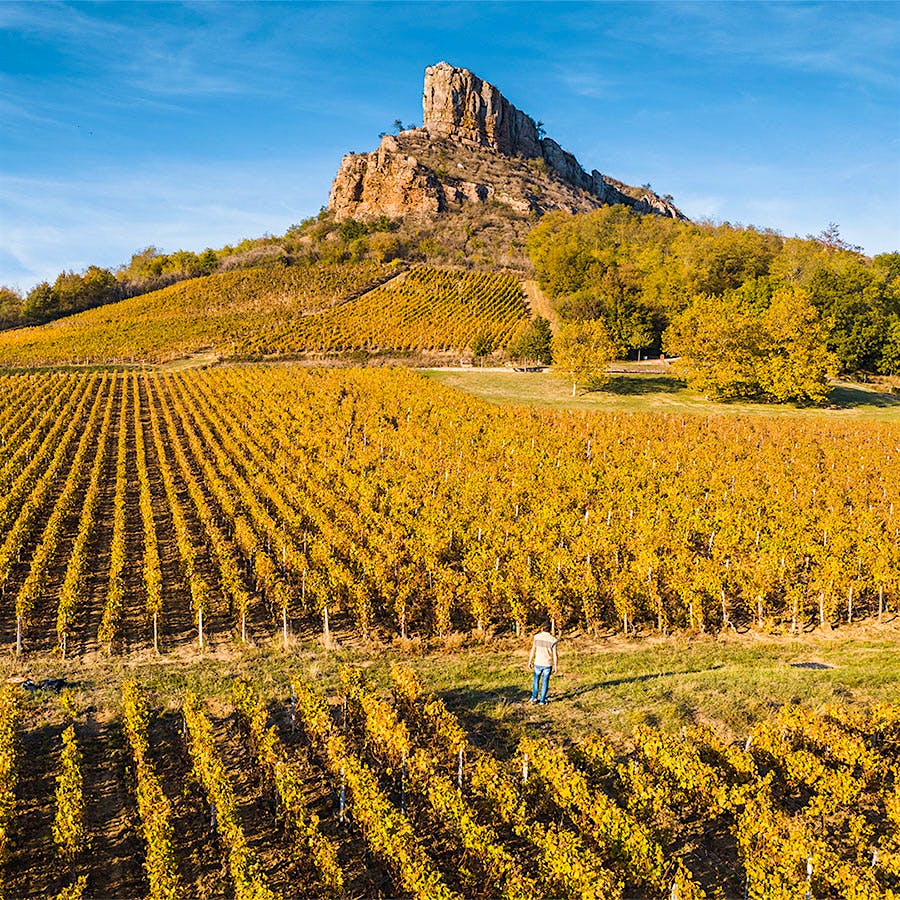The Rock of Solutré and vineyards in Burgundy, France. Photo credit: © Marco Bottigelli/Getty Images